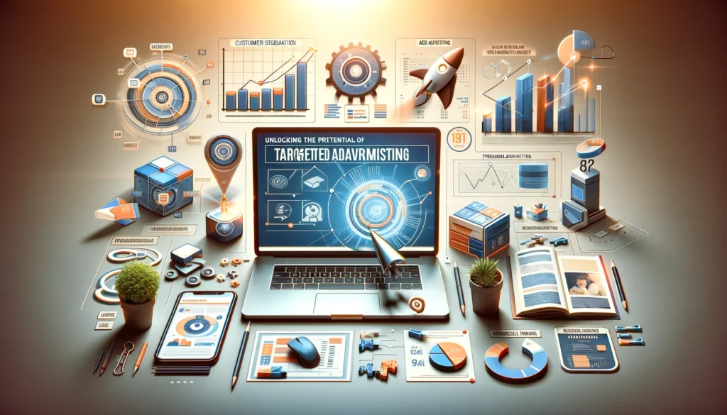 Image visualizing targeted advertising: graph showing audience segmentation, computer screen with personalized ads, and analytics charts measuring ad success, highlighting data-driven marketing.