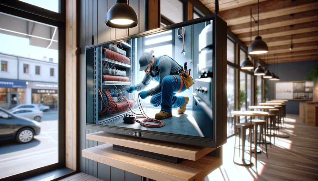 A modern television mounted on the wall of a commercial space, displaying a vibrant, photo-realistic advertisement featuring an electrician performing professional electrical work, aimed at showcasing targeted advertising for electricians.