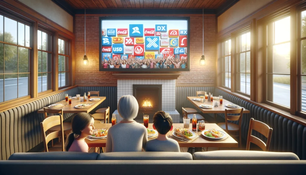 family watching a commercial on a TV screen in a restaurant