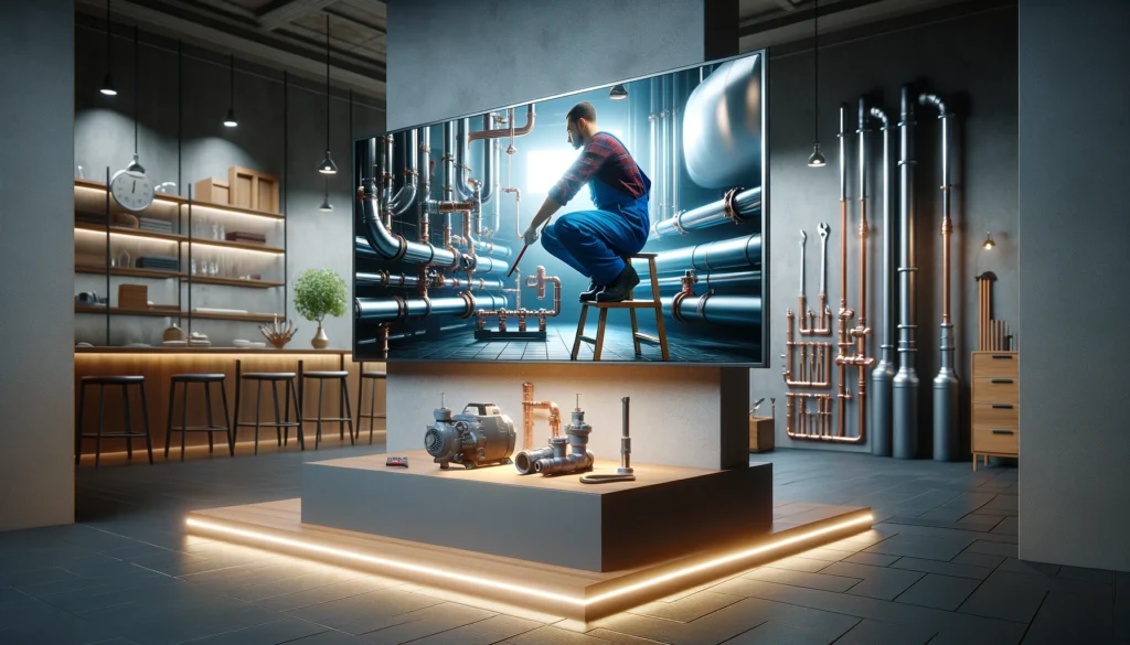 modern TV in a commercial setting, elevated from the floor, with a realistic depiction of a plumber working on pipes and tubes on the screen