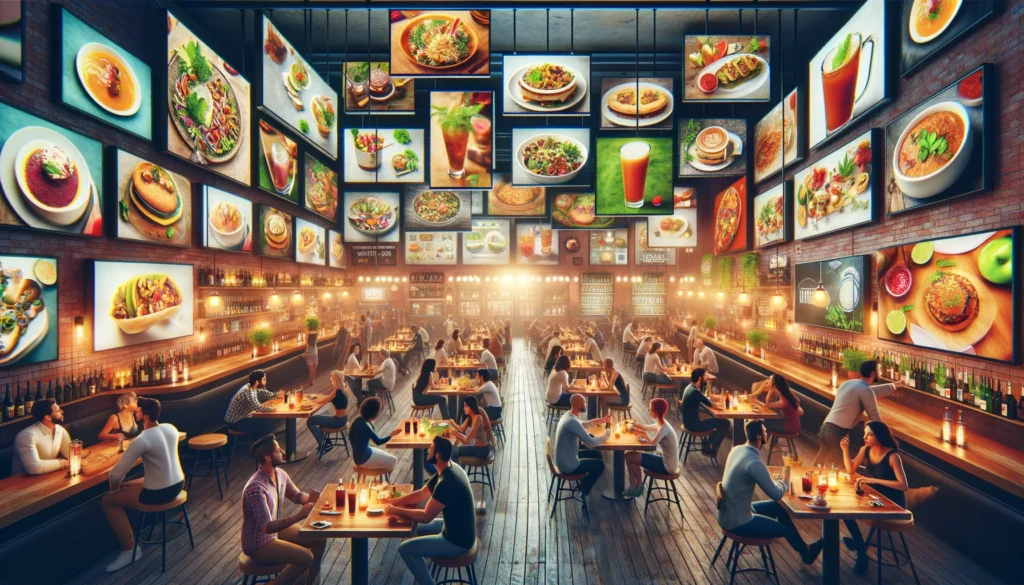 A wide, horizontal scene inside a lively bar or restaurant, showcasing high-definition TVs displaying advertisements for food and beverages, with patrons engaged in the vibrant, cozy atmosphere