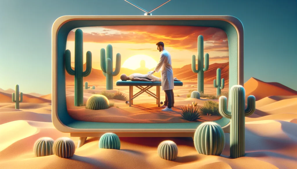 A horizontal image depicting a TV screen set against a backdrop inspired by the Scottsdale, Arizona, desert. The TV displays a realistic scene of a physiotherapist treating a patient, highlighting the hands-on therapy session.