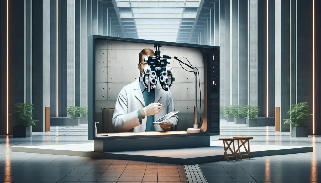"A horizontal image displaying a TV screen set within a neutral indoor public space, showcasing a realistic depiction of an optometrist engaging with optometry equipment