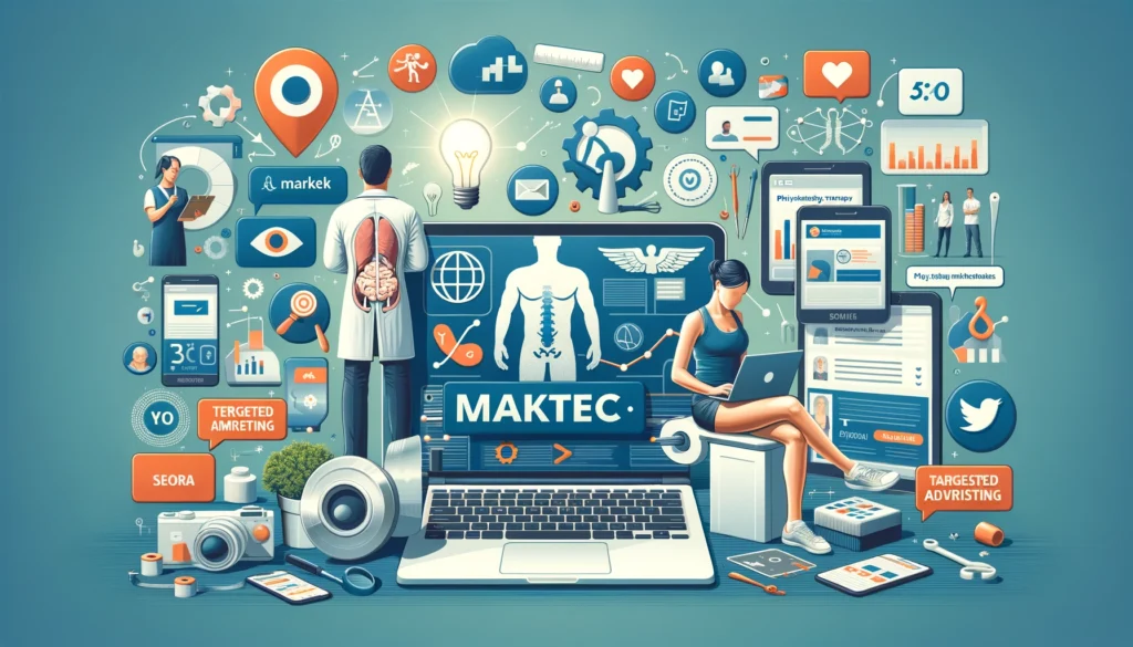 Image visualizing physiotherapy marketing strategies: a search-optimized website on a laptop, social media feed on a smartphone, a community workshop, and targeted mobile advertising.