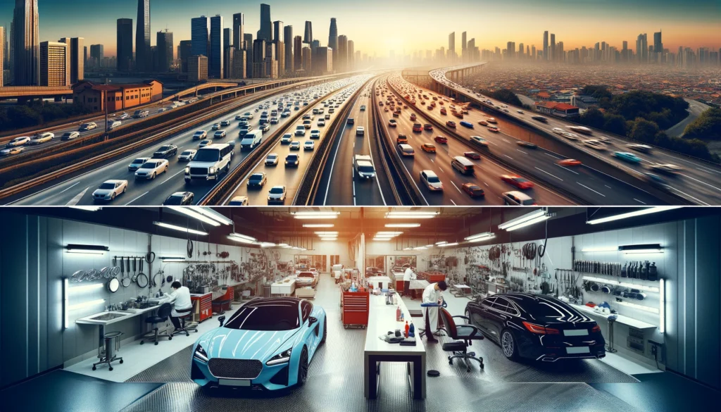 Split-screen image: Top shows busy cityscape with cars on highways, bottom depicts high-end auto detailing workshop with polished cars and detailers at work.