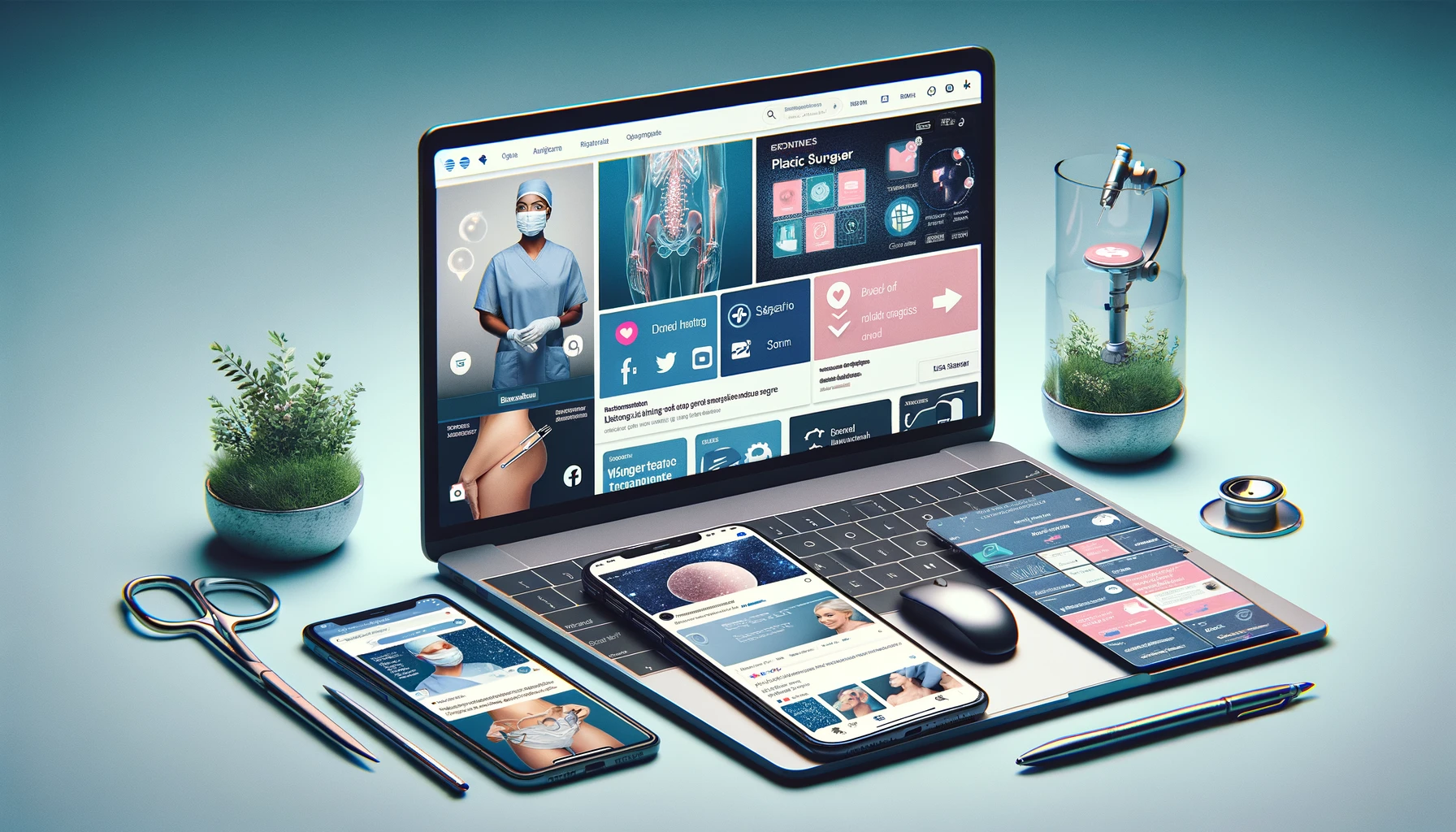 Split-screen showing a mobile phone with a plastic surgeon's website and a laptop with a social media feed, plus a collage of digital advertising elements.