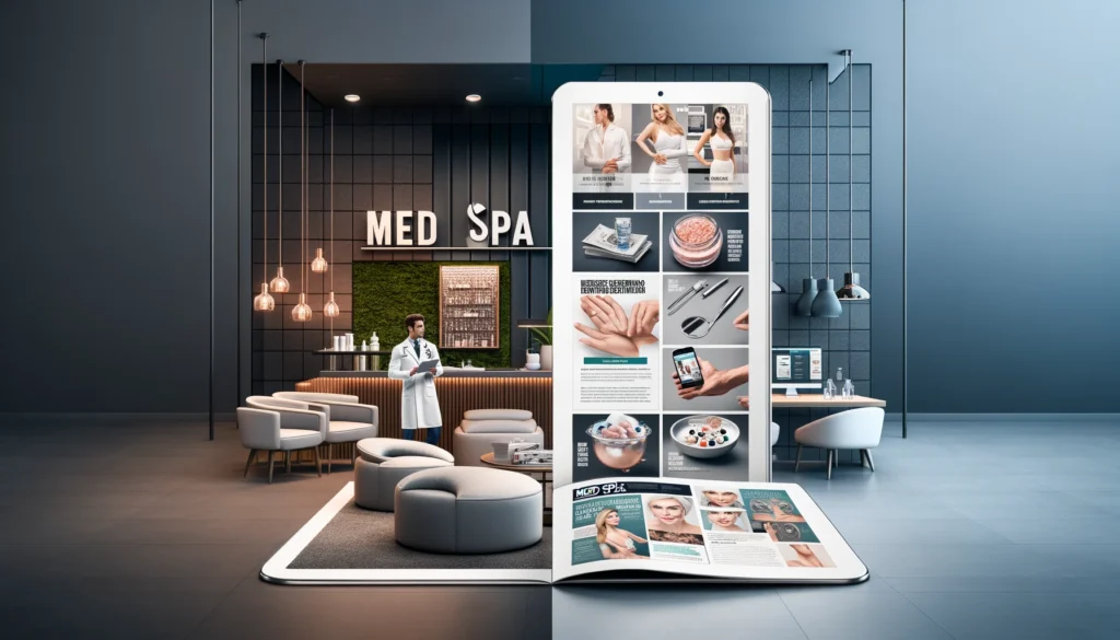 Modern med spa reception area with client consultation and collage of social media content, magazine ad, and customer review highlighting luxury and expertise.