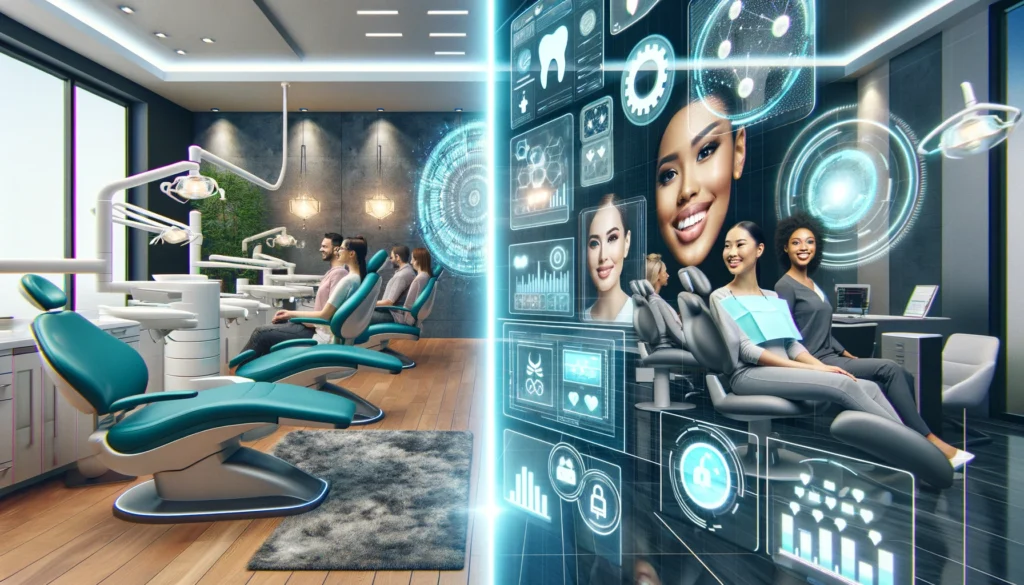 A split-screen image of a modern dental office with plush chairs and diverse smiling patients on the left, and a futuristic digital representation with holographic displays on the right