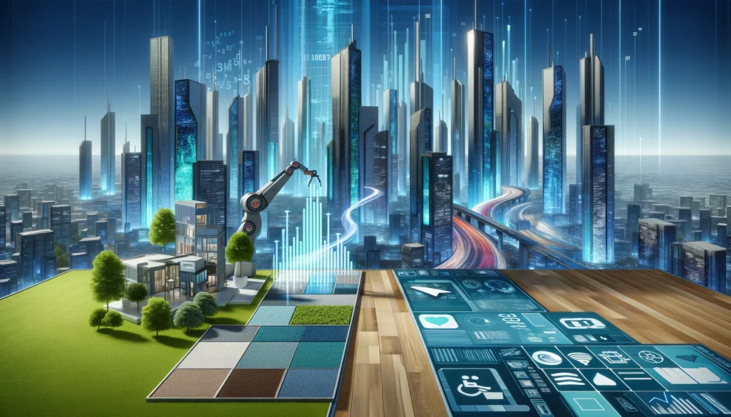 Futuristic cityscape with sustainable elements and a display of flooring materials on the left, and a data visualization with advertising icons and a robotic arm on the right.