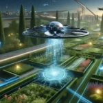 Futuristic drone shaped like a geometric flower hovers over a garden with bioluminescent plants and a cityscape in the background.