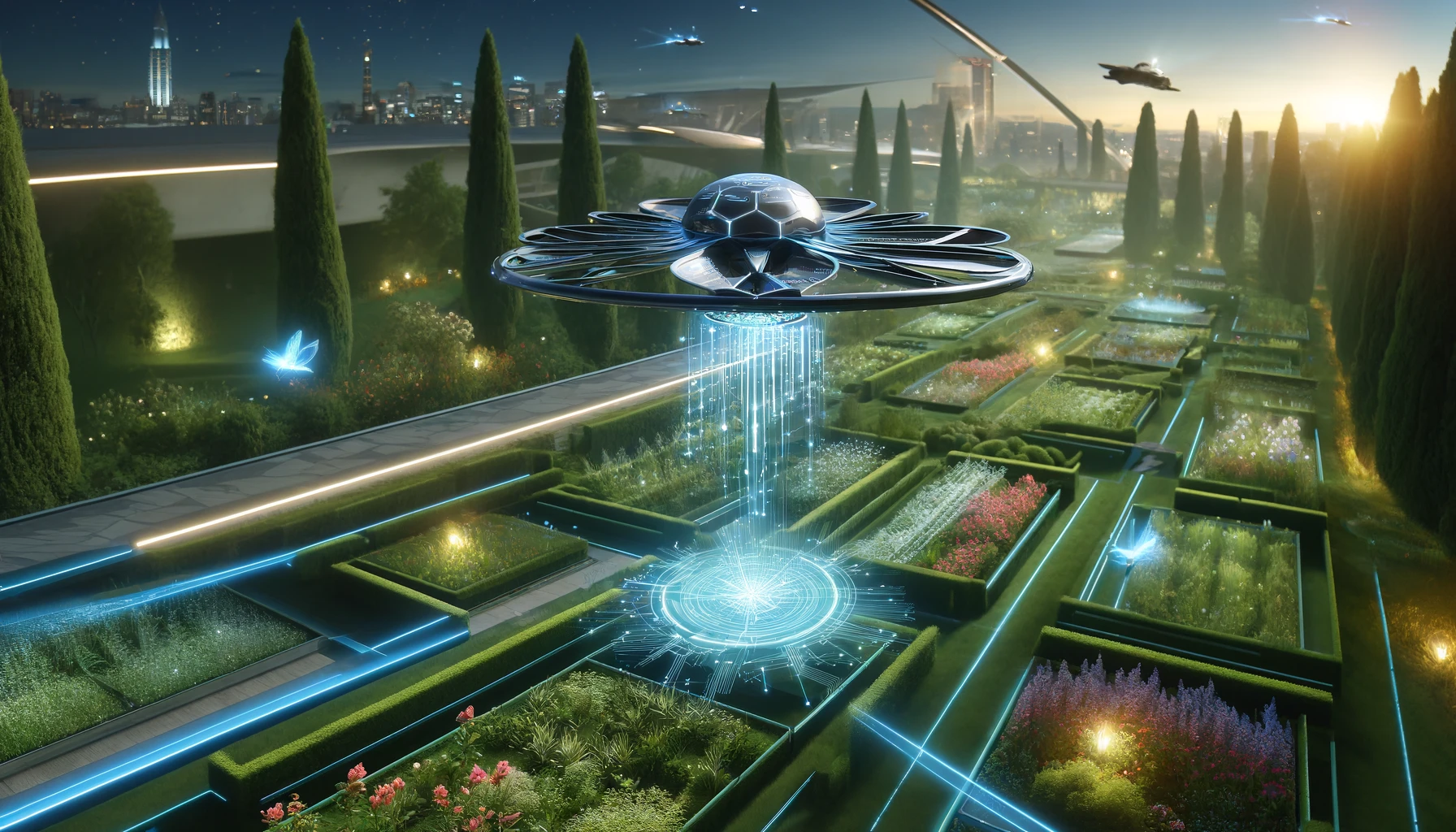 Futuristic drone shaped like a geometric flower hovers over a garden with bioluminescent plants and a cityscape in the background.