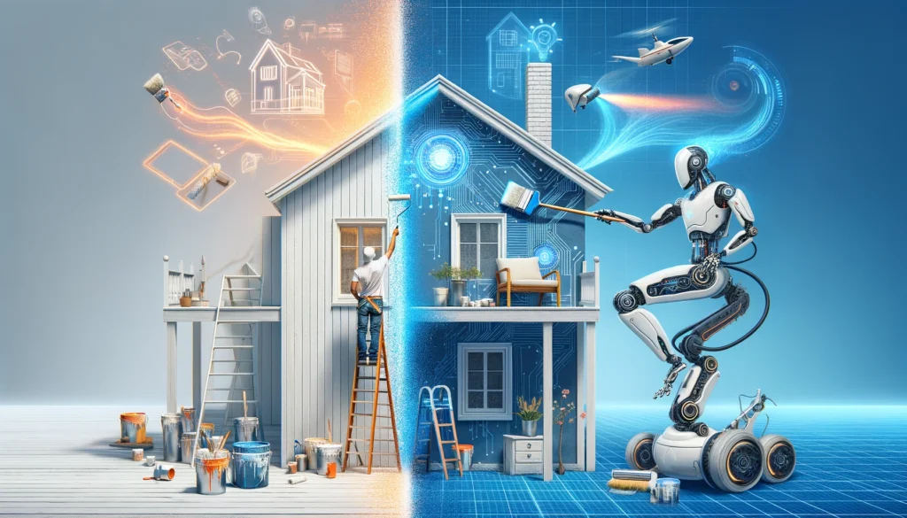 Split-screen image with a human using a glowing paintbrush and a robotic painter with multiple arms, against a half-painted modern house.