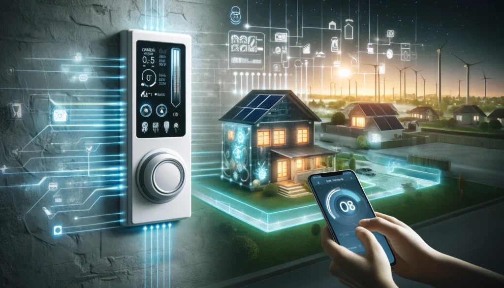 Futuristic HVAC system with an AI-powered thermostat and a digital house connected to a smartphone app, set in an eco-friendly neighborhood.