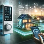 Futuristic HVAC system with an AI-powered thermostat and a digital house connected to a smartphone app, set in an eco-friendly neighborhood.