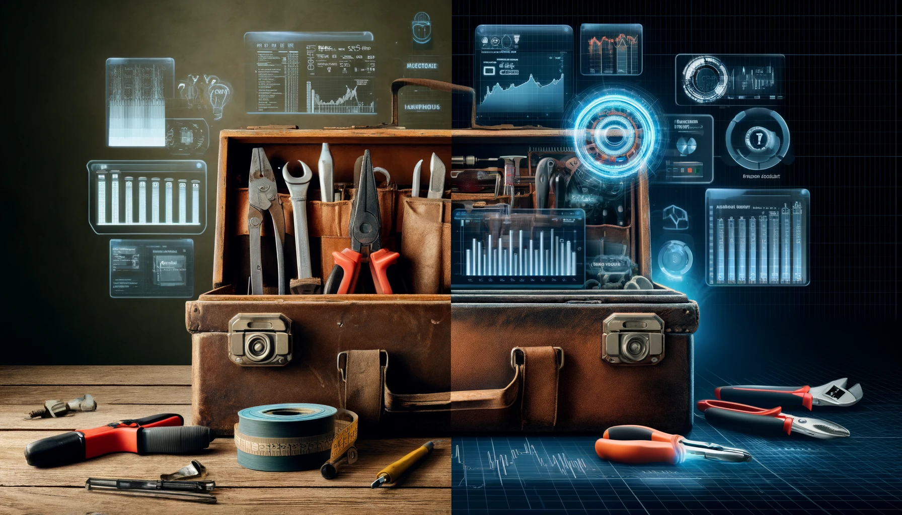 A classic electrician's toolbox with tools on the left, and a futuristic digital interface displaying analytics and a stylized light bulb icon on the right.