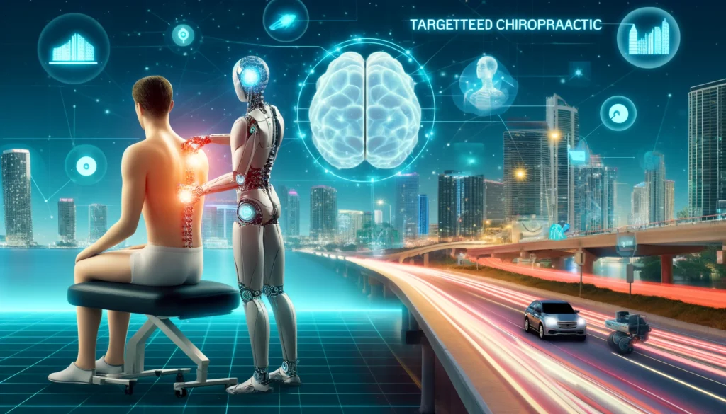 Split-screen image with a chiropractor using AI prosthetics on a patient and a digital brain linked to ads, against a futuristic Miami skyline.