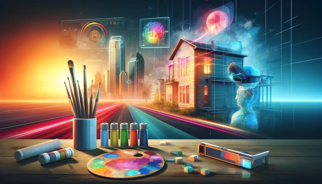 Futuristic painting tools on a vibrant palette and a house being virtually painted by a person using AR glasses, against a Dallas cityscape.