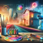 Futuristic painting tools on a vibrant palette and a house being virtually painted by a person using AR glasses, against a Dallas cityscape.