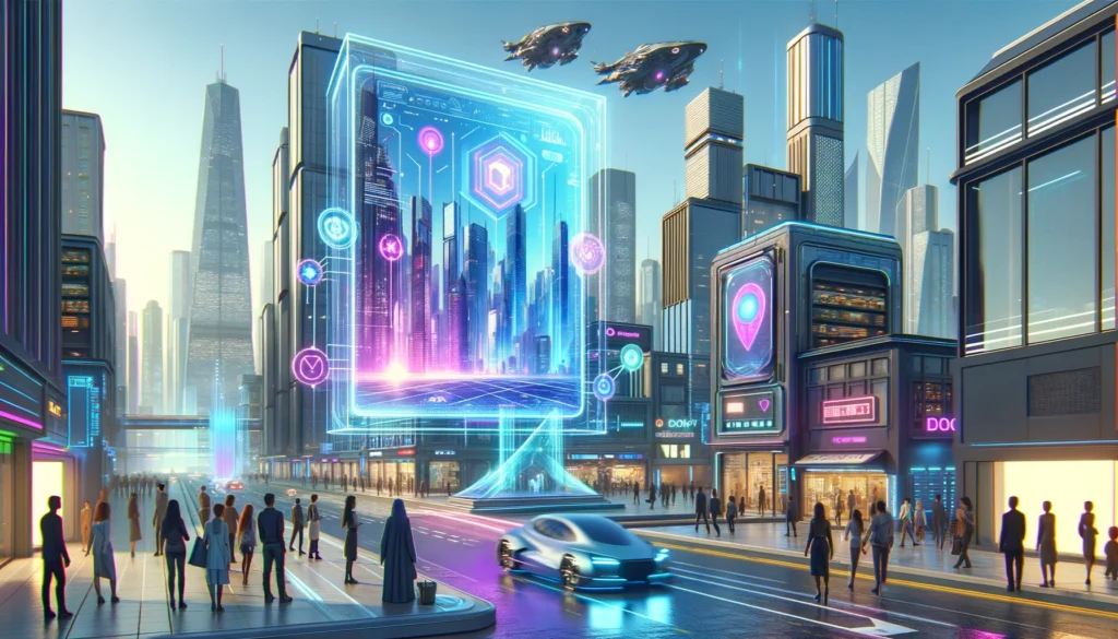 Futuristic cityscape with skyscrapers and flying vehicles, centered around a neon-colored holographic ad screen with diverse onlookers.