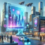 Futuristic cityscape with skyscrapers and flying vehicles, centered around a neon-colored holographic ad screen with diverse onlookers.