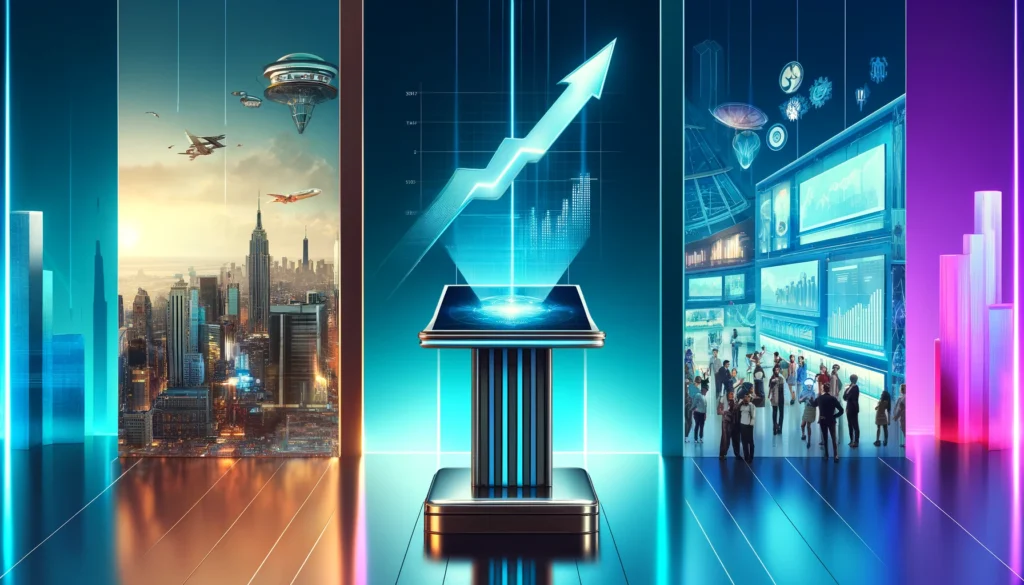 Split-screen image: left side shows a podium and futuristic cityscape; right side displays three success stories in vibrant settings.