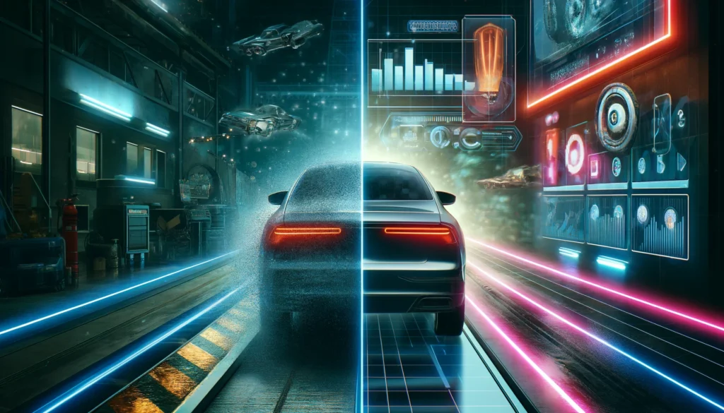 Imagen futurista de pantalla dividida: a la izquierda se muestra un coche cromado con polvo digital, a la derecha se ve el coche brillante en un vibrante paisaje urbano con vehículos voladores