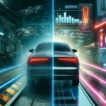 Imagen futurista de pantalla dividida: a la izquierda se muestra un coche cromado con polvo digital, a la derecha se ve el coche brillante en un vibrante paisaje urbano con vehículos voladores