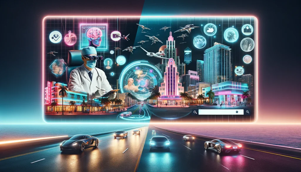 Split-screen image of Miami: left shows neon-lit skyline with flying cars, right features a high-tech surgical suite with AR technology.
