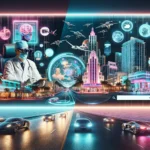 Split-screen image of Miami: left shows neon-lit skyline with flying cars, right features a high-tech surgical suite with AR technology.