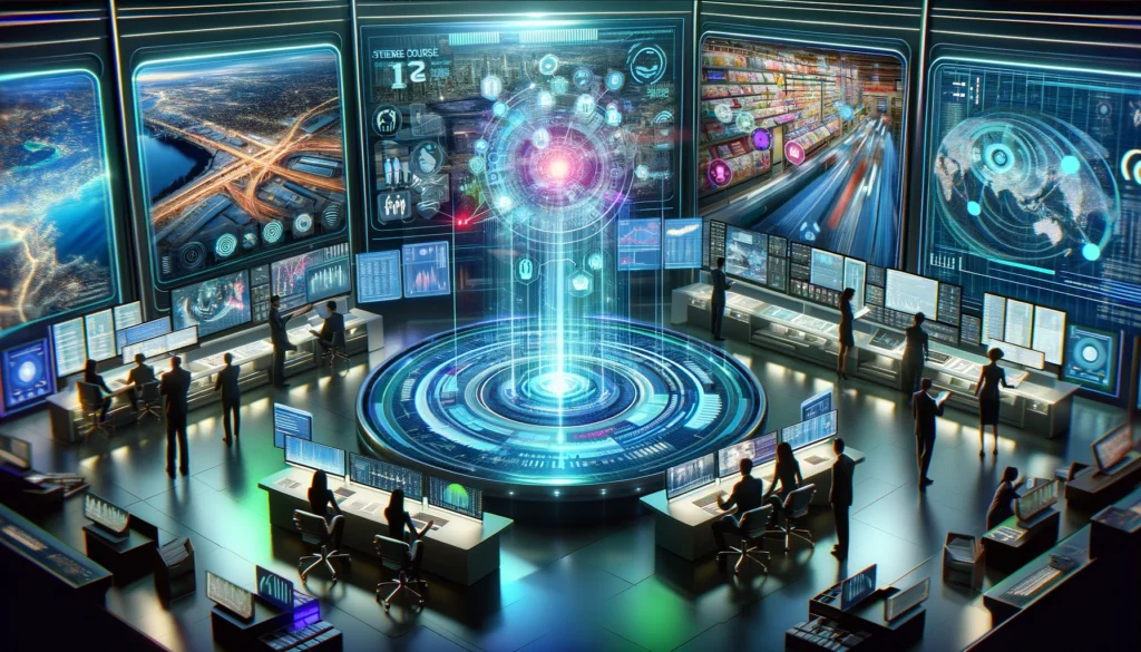 A futuristic control room with professionals analyzing dynamic, holographic maps and data on glowing displays, embodying advanced CETV advertising strategies.