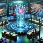 A futuristic control room with professionals analyzing dynamic, holographic maps and data on glowing displays, embodying advanced CETV advertising strategies.