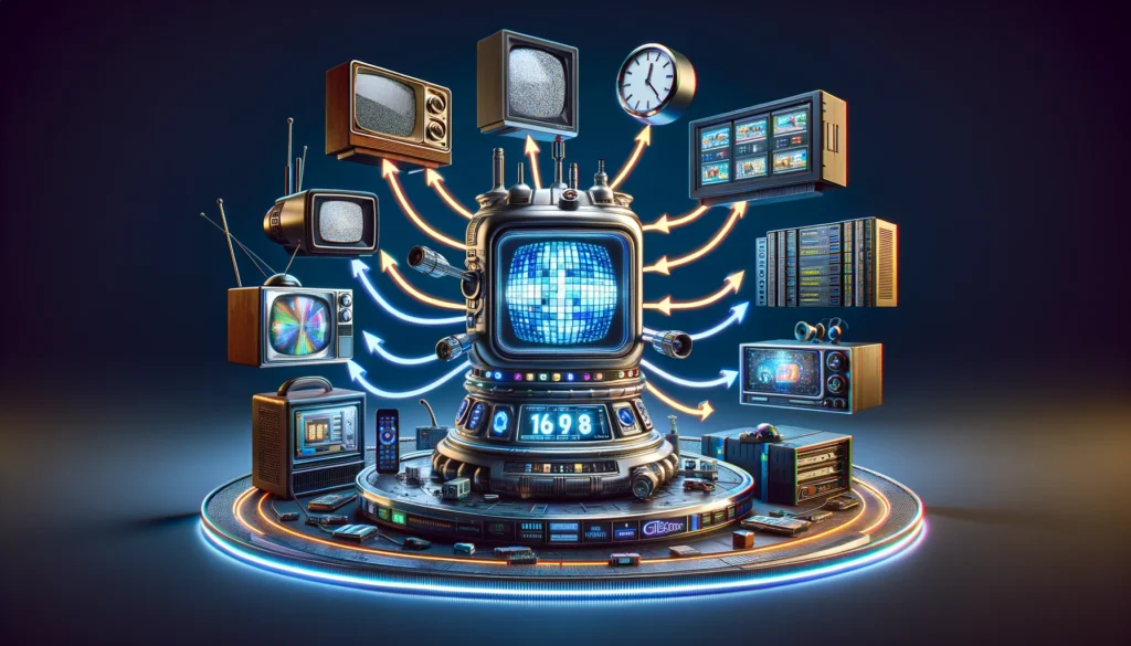 A time machine with eras of CETV advertising, from vintage TVs to futuristic VR, connected by glowing arrows and networks, illustrating technological evolution.