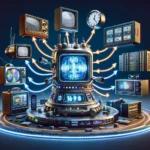 A time machine with eras of CETV advertising, from vintage TVs to futuristic VR, connected by glowing arrows and networks, illustrating technological evolution.