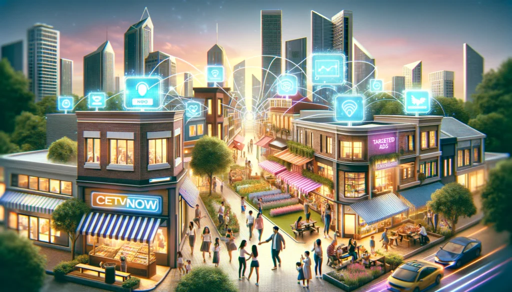 A bustling cityscape with modern buildings, local shops, and a community park, connected by glowing lines, symbolizing CETV Now's support.