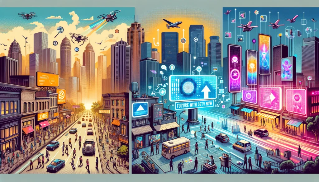 A triptych showing advertising's evolution: traditional cityscapes, futuristic holographic displays, and robots setting up advanced CETV systems.