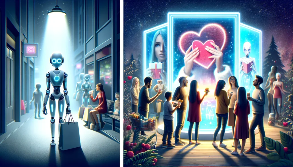 Image contrasting traditional brand loyalty with a robotic figure holding a bag, and futuristic CETV with a group around a holographic display.