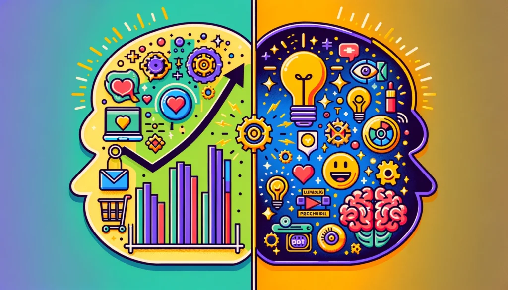 Horizontal infographic divided into two: left with a bar graph and brand icons, right with a brain connected to a lightbulb, symbolizing Brand Equity.