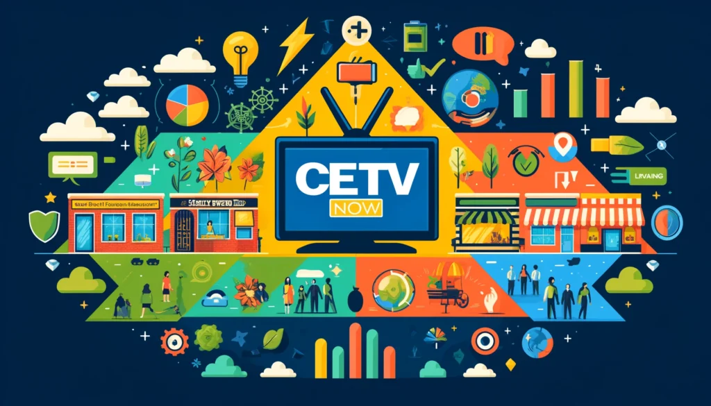 Horizontal image divided into three sections showing local businesses, a CETV Now screen, and a vibrant community scene, symbolizing interconnected growth.