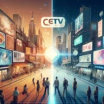 A split image showing the present and future of advertising: traditional billboards on the left and interactive holographic displays on the right, connected by a glowing CETV Now logo.