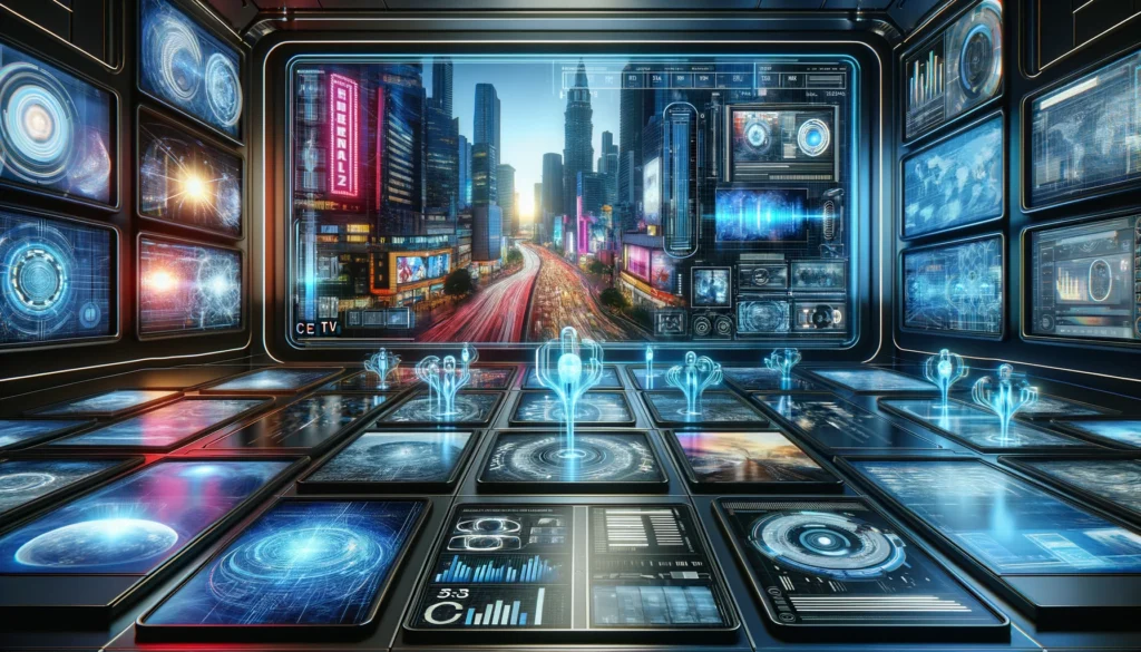 Futuristic AI-themed digital command center merging CETV and online streaming, with neon urban landscapes and holographic interfaces.