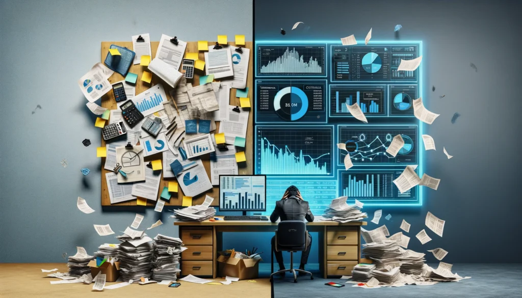 A split image showing traditional vs. CETV Now's approach to measuring ROI: a cluttered desk with stressed person on the left, and a sleek control panel with a relaxed person on the right.