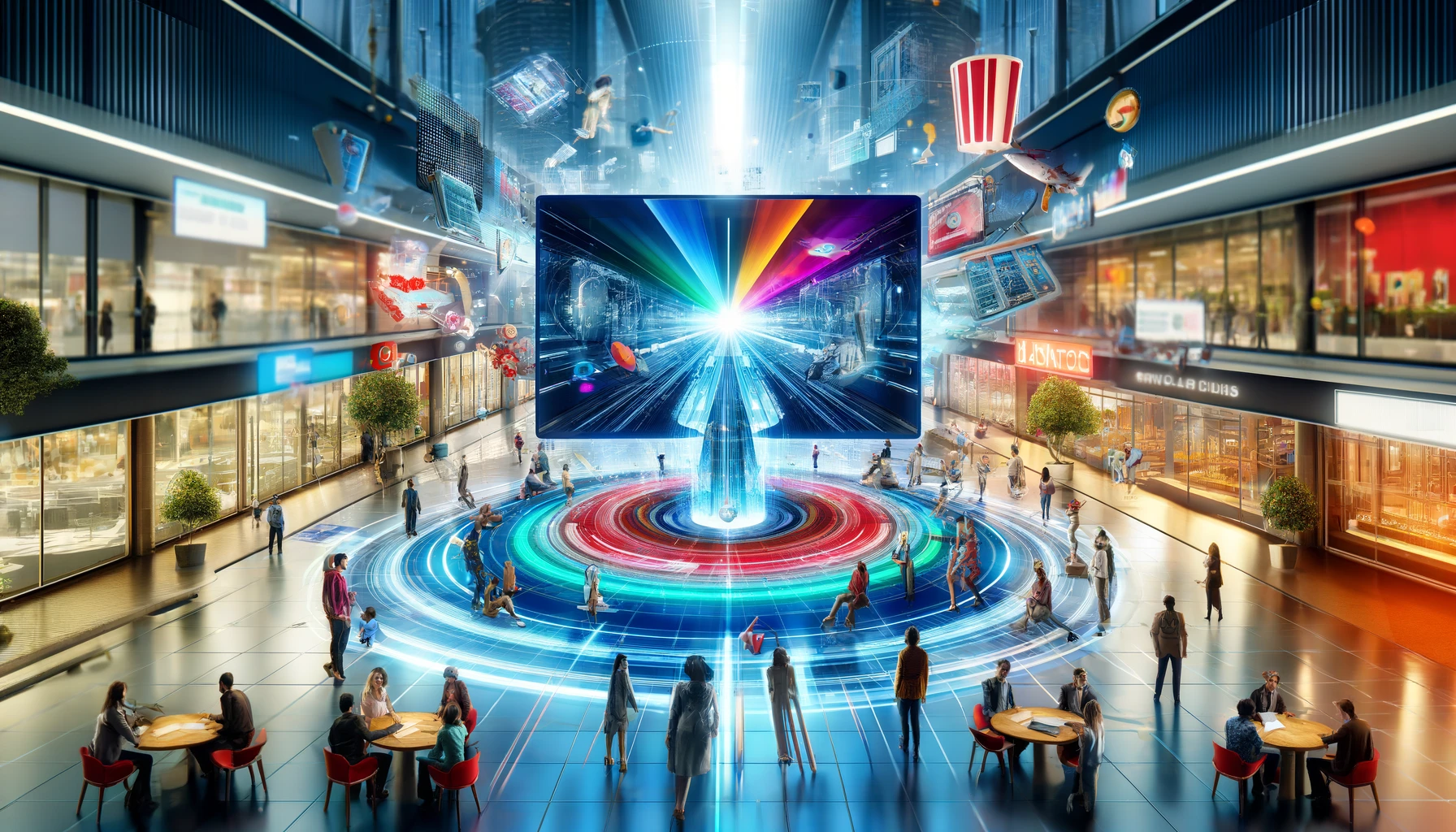 A futuristic TV screen in a busy airport terminal with vibrant graphics and diverse people interacting, showcasing CETV Now's innovative advertising technology.
