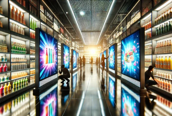 Futuristic retail store with sleek digital screens displaying vibrant advertisements, enhancing customer engagement and brand visibility in a high-tech shopping environment.