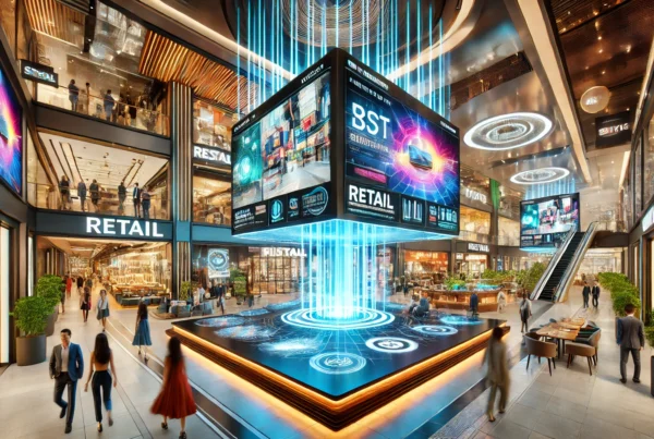 A futuristic retail environment with sleek digital screens displaying high-definition advertisements in a vibrant, modern commercial setting.