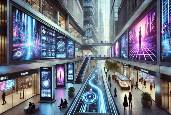 A futuristic scene with AI-powered systems, glowing data streams, and abstract visuals symbolizing advanced technology for optimized B2B lead generation and business growth.