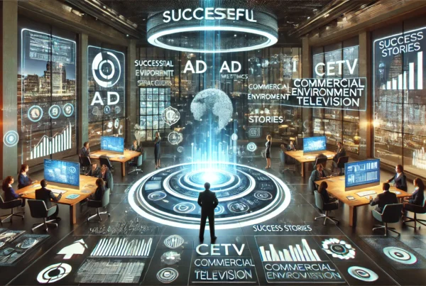Futuristic illustration showing AI-powered advertising in action, with digital screens in a modern environment attracting the attention of engaged viewers.